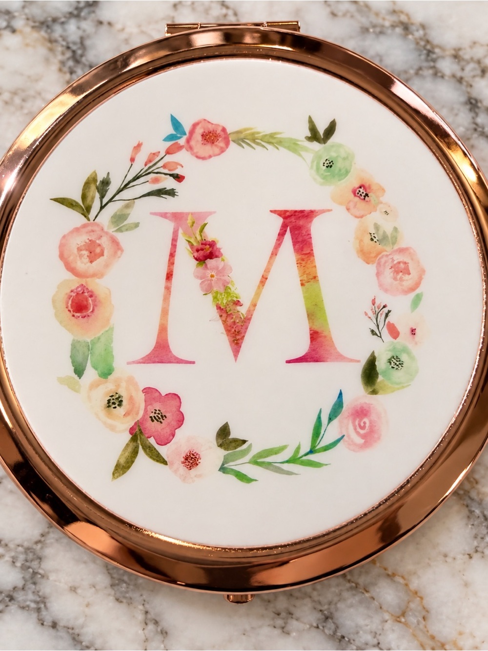 Floral Monogram 'M' Rose Gold Compact Mirror